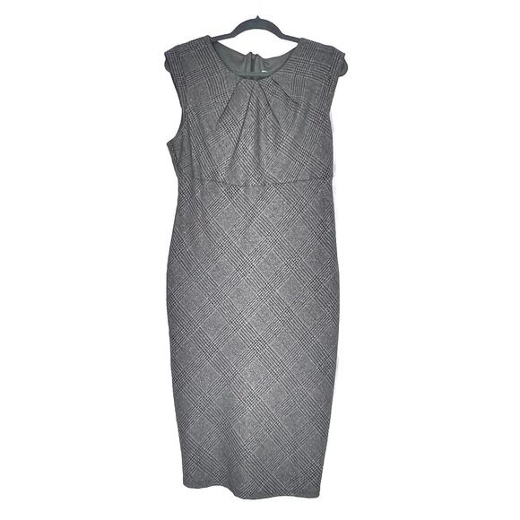 Classic Pencil Dress Sz 12 Gray Plaid Pleated Transitional Business Casual Work - Picture 1 of 12
